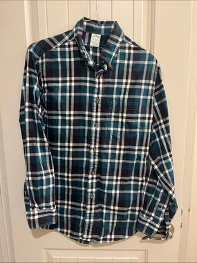 Brooks Brothers Teal, Black and White Plaid Button-Down Shirt